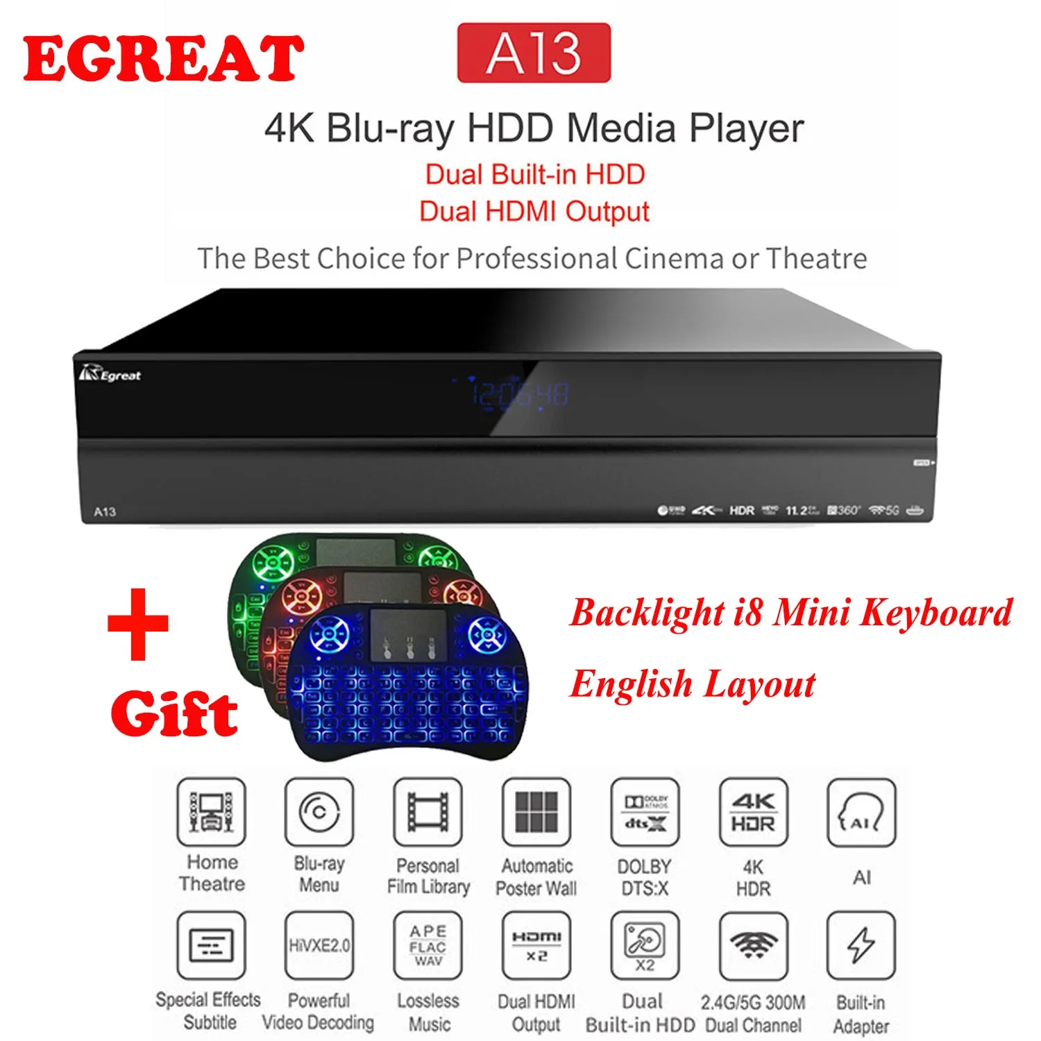 Высококлассный Egreat A13 4 K Ultra HD Smart медиаплеер Android tv Box BT4.0 2,4G/5G WiFi с 2x3,5 дюймов HDD лоток Dolby Atmos - Цвет: A13 add Backlit I8