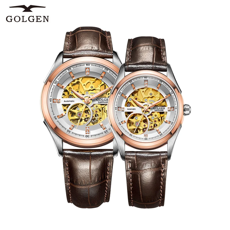 GOLGEN N лучший бренд класса люкс пара часов Скелет механические часы Мужские Женские наручные часы 50 м водостойкие