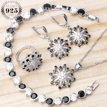 Ювелирные наборы для женщин, серебро 925, ювелирное изделие, камень CZ, черные серьги, свадебные ювелирные изделия, амулеты, браслет, кольцо, кулон, ожерелье, набор
