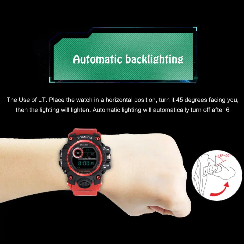 BOAMIGO brand UTC DST time raise to wake led light men digital sport red military watches 3
