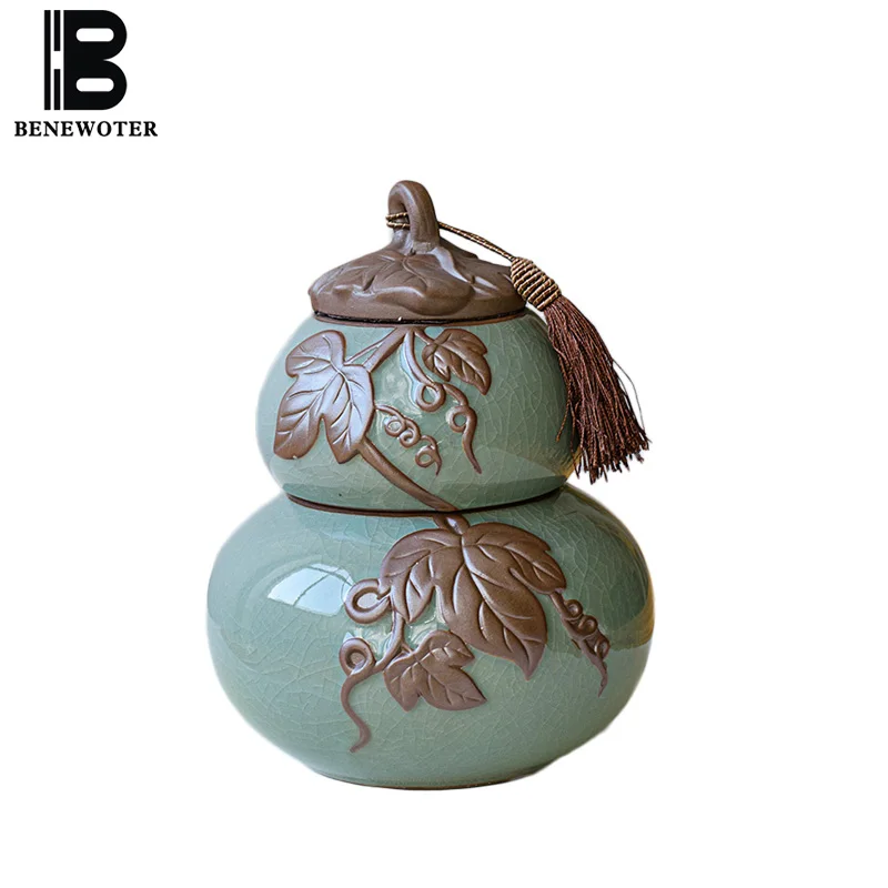 

Ice Crack Texture Ceramic Embossed Pattern Gourd Seal Tea Storage Jar Moisture-proof Green Tea Tanks Teaware Vintage Accessories