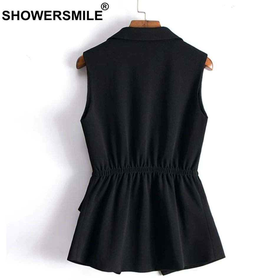 SHOWERSMILE OL Vest Ladies Black Elegant Waistcoat Women Elastic Waist Slim Office One Button Spring Autumn Designer Clothing