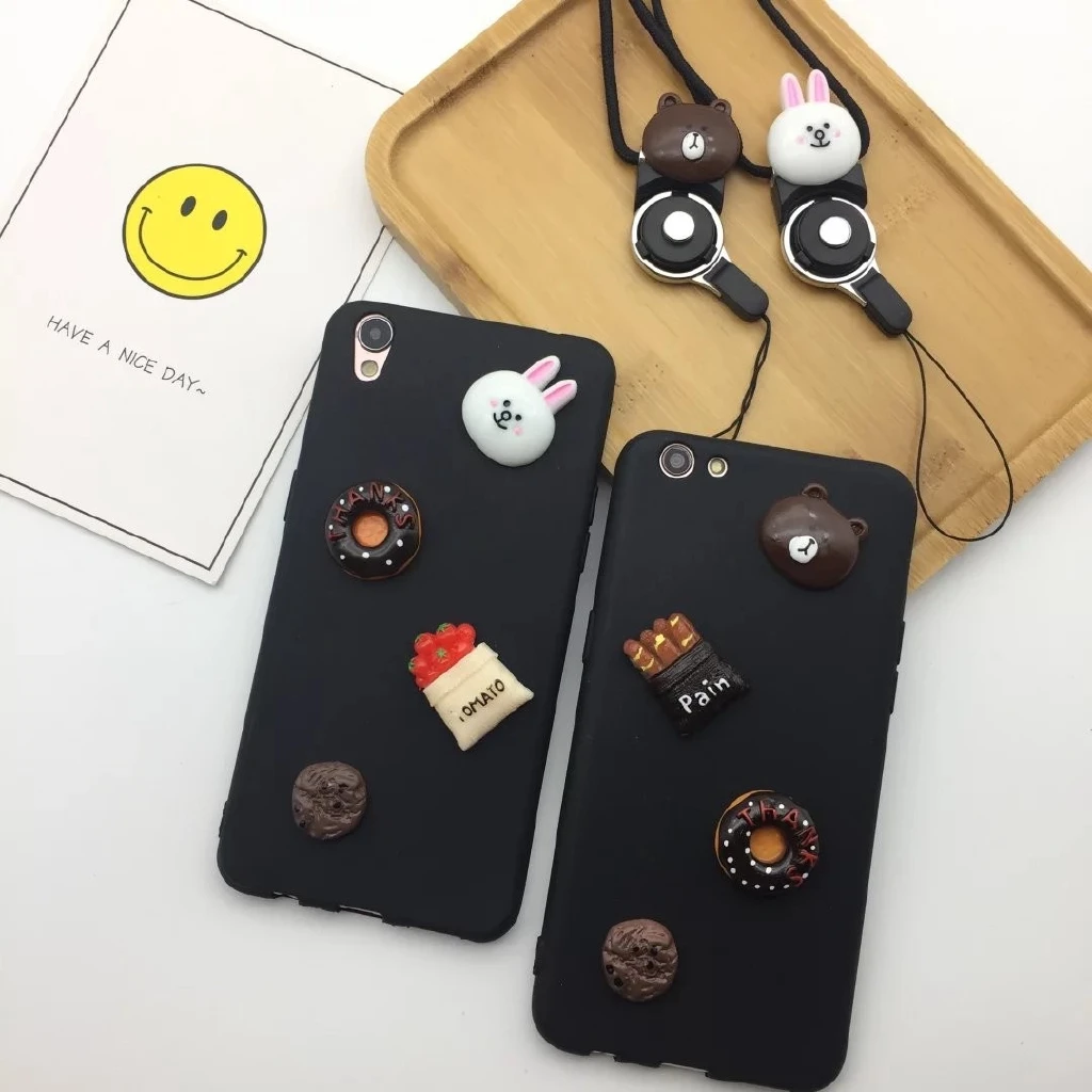Axbety Kawaii DIY Cartoon Case For Samsung Galaxy A6 Plus S8 2018 S6 S7 S8 S9Plus Bunny Cony Bear Brown Soft Cover with Lanyard