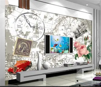

3d wallpaper custom room photo wallpaper mural living room rose and retro clock map painting TV background wallpaper for wall 3d
