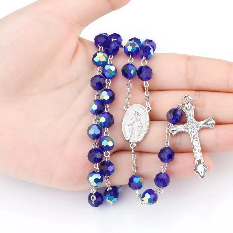 Мужские темно-синие хрустальные бусины четки католическое ожерелье с священной почвой медаль распятие молитва религиозный крест ювелирные изделия женский подарок