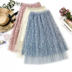 Sherhure 2019 женские летние юбки с высокой талией Цветочная вышивка женская трапециевидная юбка миди Faldas Jupe Femme Женская Длинная Юбка Saia