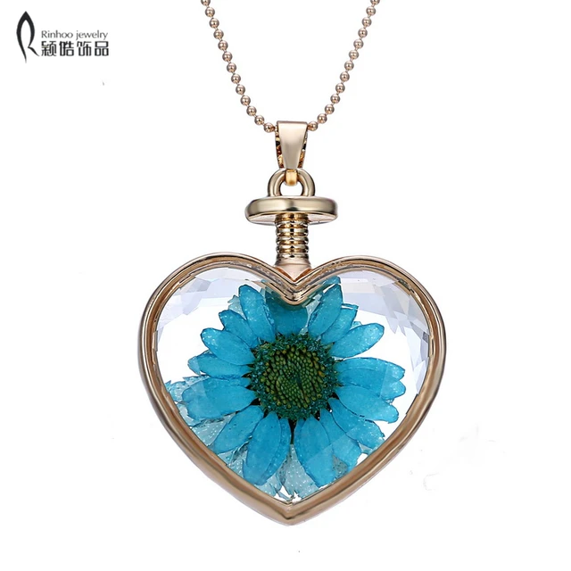 real blue dried flower inside heart pendant necklaces for women