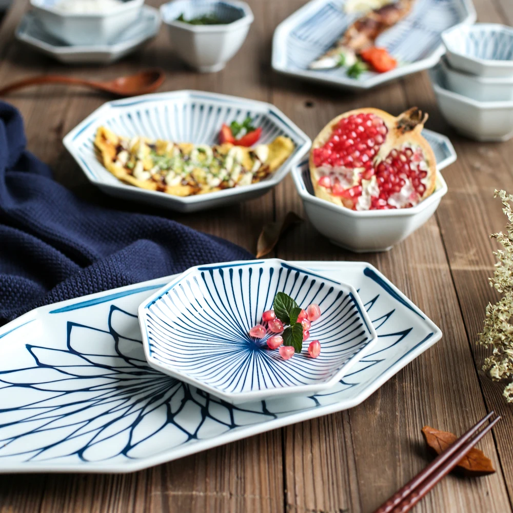 Японский стиль керамическая голубая линия глазури соус блюдо рисовая чаша чашка для воды тарелка посуда