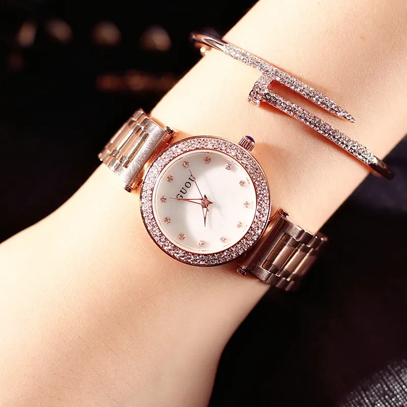 GUOU часы для женщин Изысканный топ роскошный алмаз кварцевые женские часы Мода нержавеющая сталь женские наручные часы saat relogio feminino - Цвет: Белый