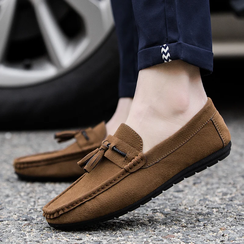 Men Leather Shoes Suede Loafers Shoes Breathable Soft Round Head Flat Slip-On Outdoor Moccasins Peas Casual Shoes Driving Shoes (44)