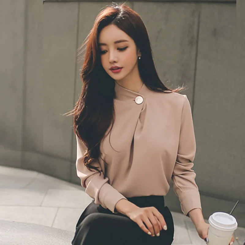  Women Solid Long Sleeve Tops and Shirts Elegant Slim Blouses Shirt Round Neck Soft Blusa femme 2018