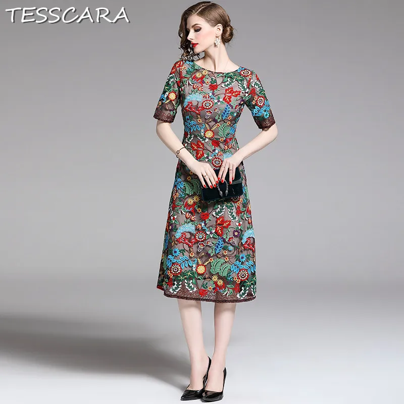 

TESSCARA Women Summer Luxury Embroidery Mesh Dress Festa Female High Quality Party Robe Femme Vintage Floral Designer Vestidos
