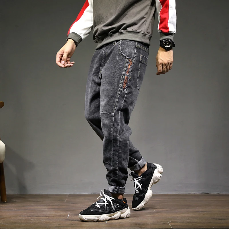 Gersri, большой размер, мужские хип-хоп джинсы, мужские мешковатые джинсы, джинсовые широкие свободные штаны, мужские уличные повседневные высококачественные джинсы в рэп-стиле - Цвет: black gray