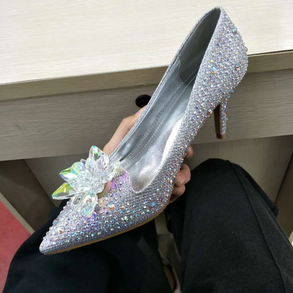 Блестящий великолепный кристалл, свадьба, для новобрачных вечеринок, высокий каблук 9,5 см, женская обувь с цветами, пикантные женские туфли-лодочки, тонкие туфли