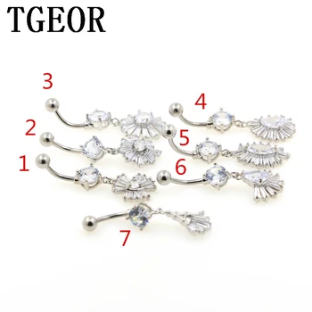 

free shipping wholesale 16G 6pcs dangle gem rectangle Cubic CZ Zircon charm Stainless Steel navel piercing belly button ring