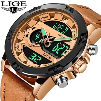 

2019 LIGE New Men's Fashion Sport Watch Men Black Leather Waterproof Quartz Watches Male Date LED Analog Clock Relogio Masculin