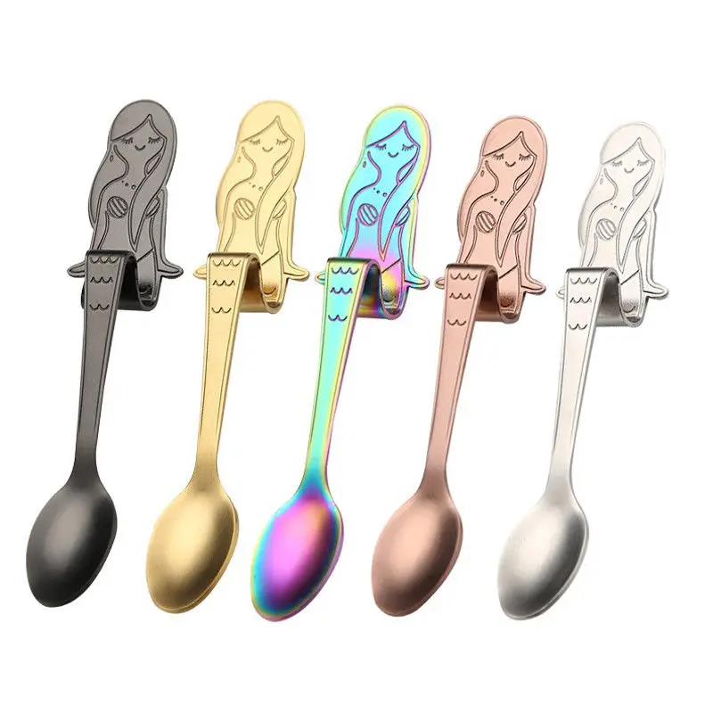 

300 PCS 304 Stainless Steel Hanging Mermaid Spoon 40 silver, 65 rose gold, 65 rainbow, 65 black and 65 gold.