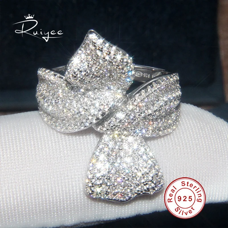 

RUIYEE 925 Sterling Silver Ring Anniversary Party Cubic Zirconia Ring Wholesale Batch Exaggerated Bow Cocktail Ring