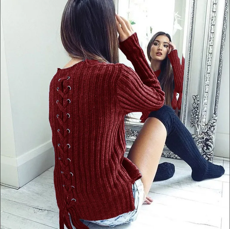 2018 осень Для женщин трикотажный пуловер свитера зимой Тонкий трикотажные с длинным рукавом сексуальный повязку свитер женский ребристые