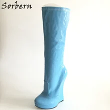 Sorbern/небесно-голубые блестящие женские сапоги из искусственной кожи на танкетке и высоком каблуке для ночного клуба; сапоги до колена; унисекс; танцевальные ботинки на шесте для геев; обувь на платформе