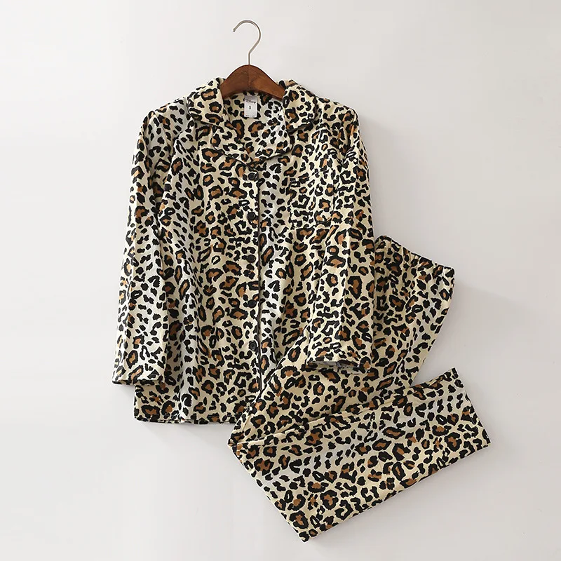Женские пижамы с леопардовым принтом, новинка, матовый хлопок, плотный комплект из 2 предметов, длинный рукав, эластичная талия, пижама для отдыха, S87391