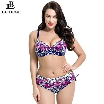 

LEBESI 2017 Two Pieces Swimsuit Flower Printed Swimwear Women Underwire Push Up Bikini Lace-up Tankini Trikini Plus Size 7XL