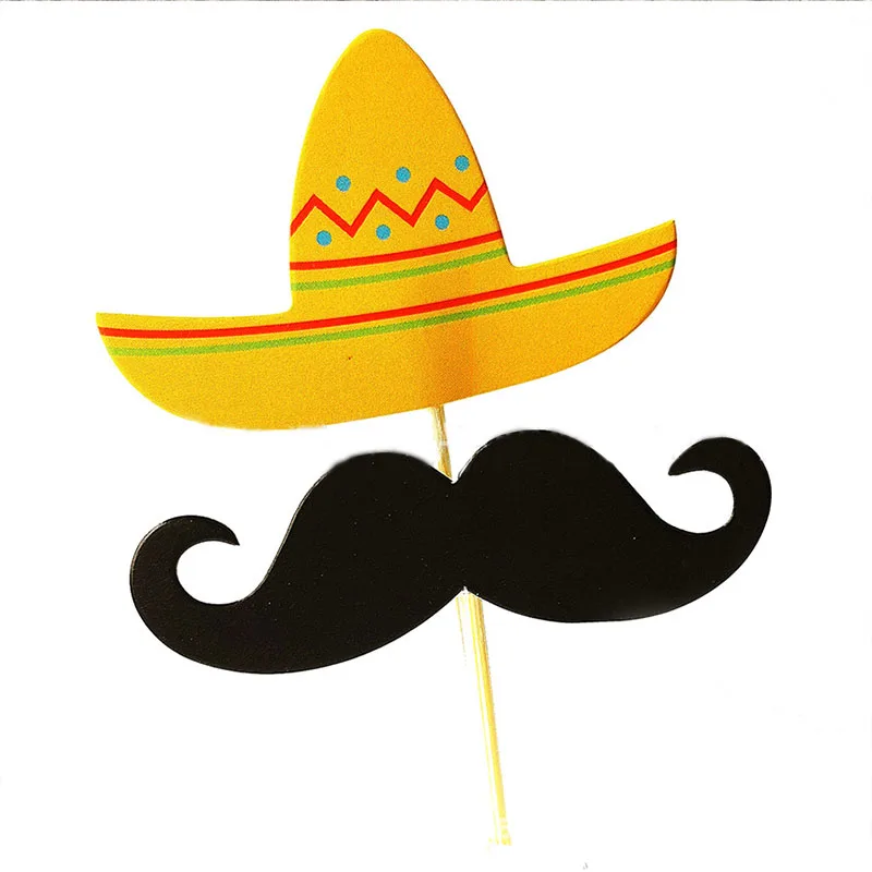 

12pcs Mexican Birthday Party Moustache Hat Mexican Themed Decorative Cake Inserts Supplies Decoration