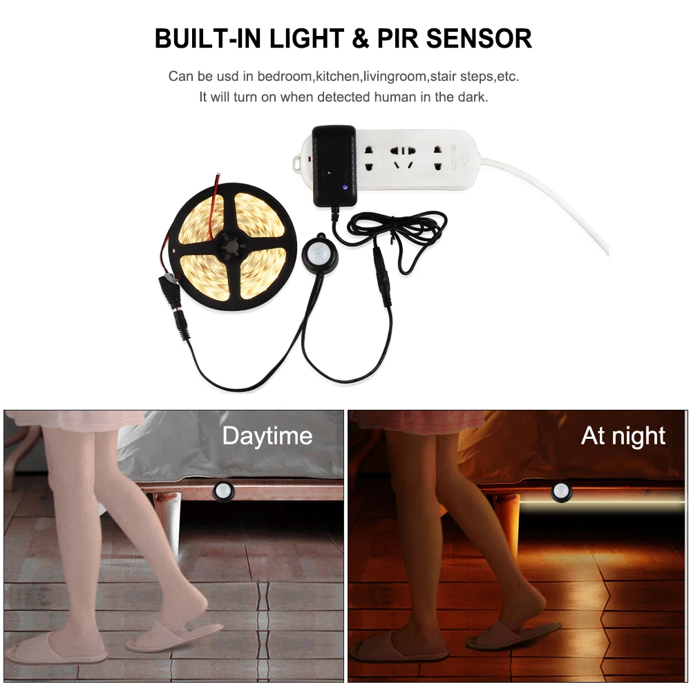 Датчик движения 12В светодиодный светильник 2835 SMD 60 Светодиодный S/m 1 м 2 м 3 м 5 м водонепроницаемый светильник для кухонного шкафа, лестницы, кровати, ночной Светильник