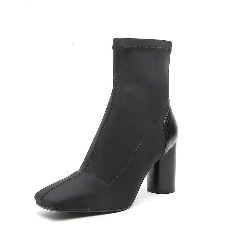Qualité Talons Black Bottes Dames Stretch Sexy Slip Mode Automne Ville Cheville De Tissu Fun Hiver Haute Sur Chaussures Lycra apricot Femmes D92EHI
