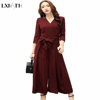 

Korean Women's Wide leg jumpsuit New Arrival Elegant V-Neck Belted Slim Rompers Womens jumpsuit 2019 Long Pants Plus Size S-3XL