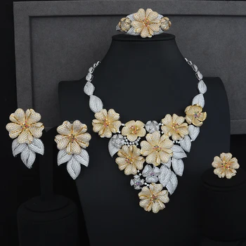 

SisCathy 4PCS Luxury Flower Cluster Jewelry Sets For Women Cubic Zircon CZ African Indian Dubai Bridal Wedding Jewelry Sets