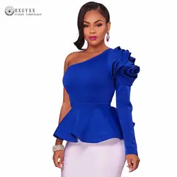 Синий пикантное платье на одно плечо Пеплум с оборками Женская рубашка, блузка с длинным рукавом Тонкий топы на осень Винтаж элегантная