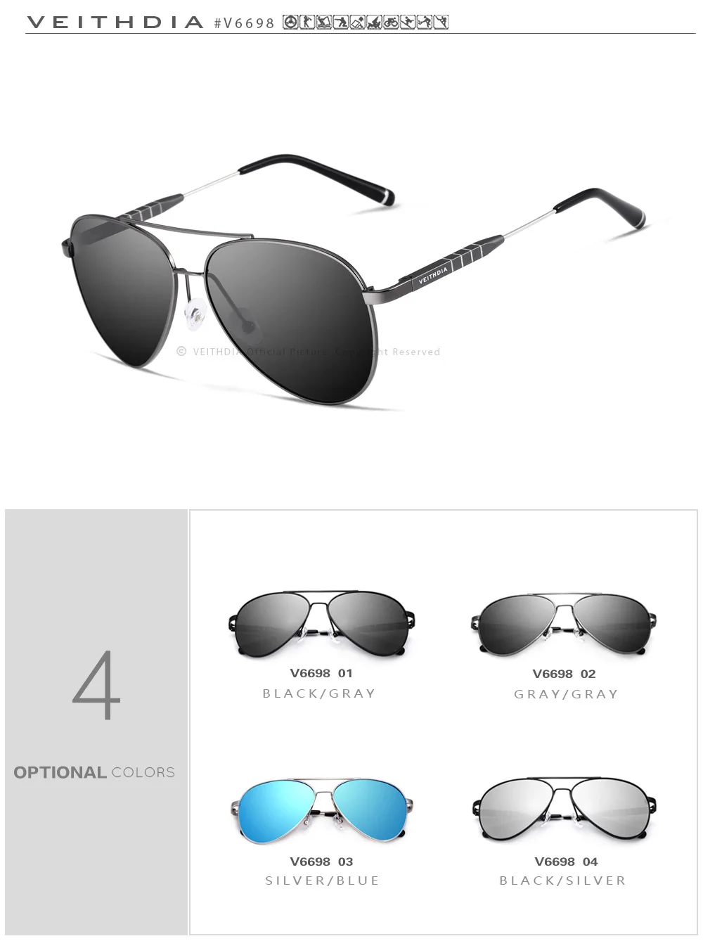 VEITHDIA Модный Топ бренд унисекс дизайнерские алюминиевые мужские солнцезащитные очки поляризованные зеркальные Мужские солнцезащитные очки для Wom мужчин/мужчин 6698
