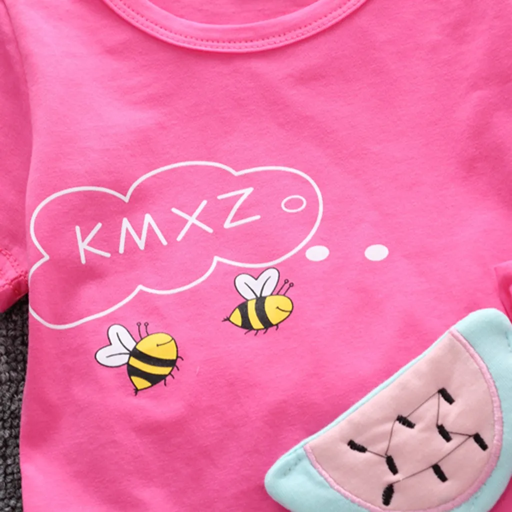 Летняя Повседневная хлопковая Футболка с рисунком пчелы, фруктов, арбуза для маленьких девочек топы и шорты комплект летней одежды для маленьких девочек