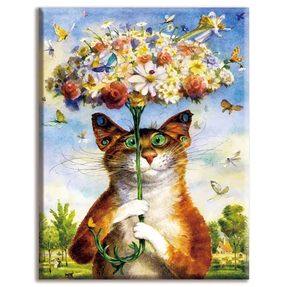 

14/16/18/27/28,Cross stitch,full embroidery,Cat with flowers umbrella,Anima ,White canvas 40x50cm,cotton thread,Diy,