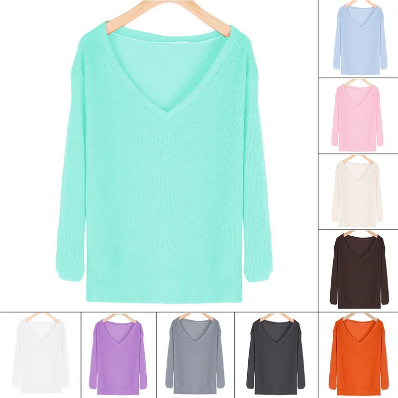 

CALOFE Casual Knitted Pullovers Solid Color V neck Simple Oversize Ladies Sweater Spring Autumn Thin Multicolor Jumpers Women