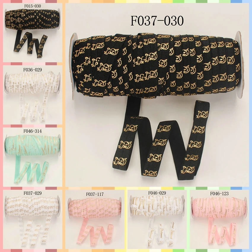 

Gold foil foe Diamond ribbon 5 yards 5/8" 16MM ALOHA printed Fold Over Elastic ribbon