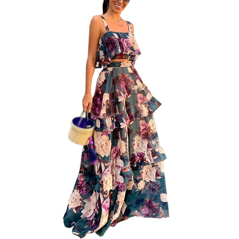 

Womens Dress+Tops Summer Chiffon Printed Maxi Cocktail Square neck Floral Sleeveless Sundress 2pcs/set Ruffles