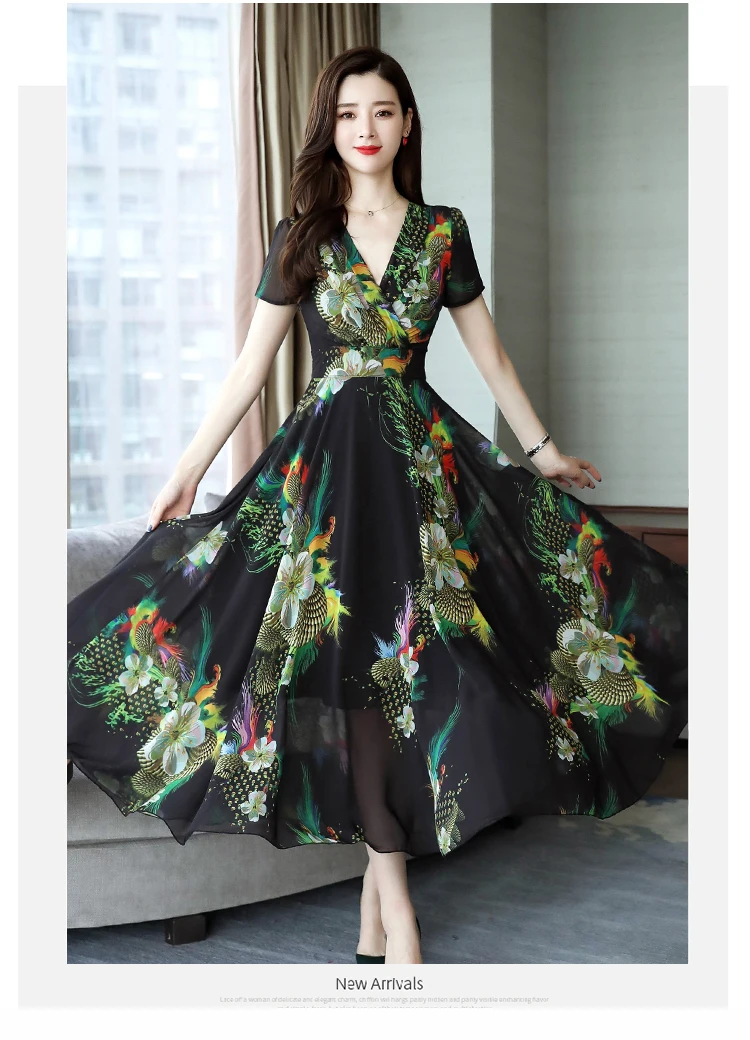 Новое летнее платье женское винтажное длинное шифоновая с цветочным принтом пляжное платье высокого качества сексуальное с v-образным вырезом тонкое вечерние платье макси 526