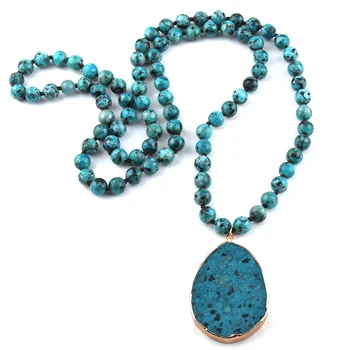 

Fashion Jewelry Spots Semi Precious Stones Long Knotted Stone Drop Pendant Necklaces Women Ethnic Necklace