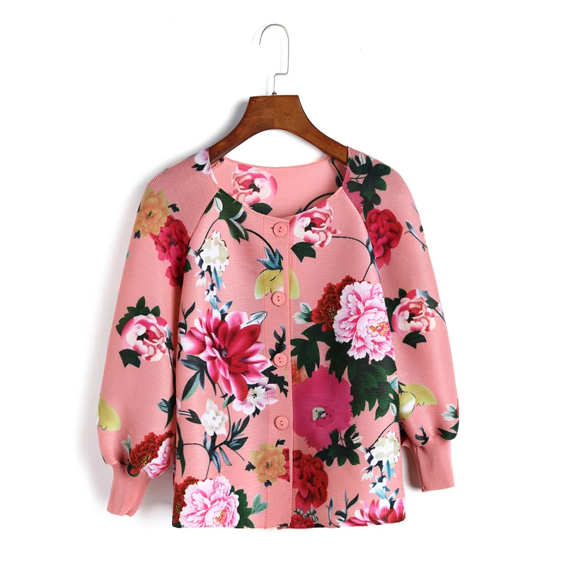 

Azterumi Special Pleats Spring 2019 Women Vintage Short Jacket Three Quarter Sleeve Floral Print Tops Black Gray Pink Yellow