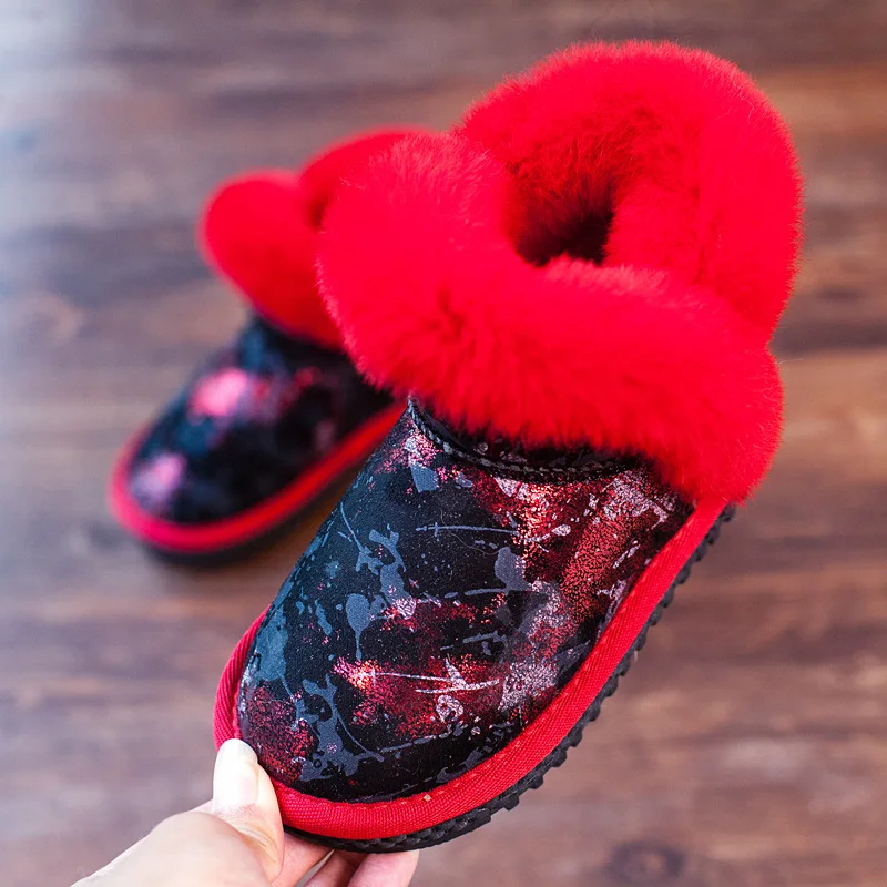 

ULKNN winter new girls snow boots rabbit hair children plus velvet warm bootsbig children cotton boots