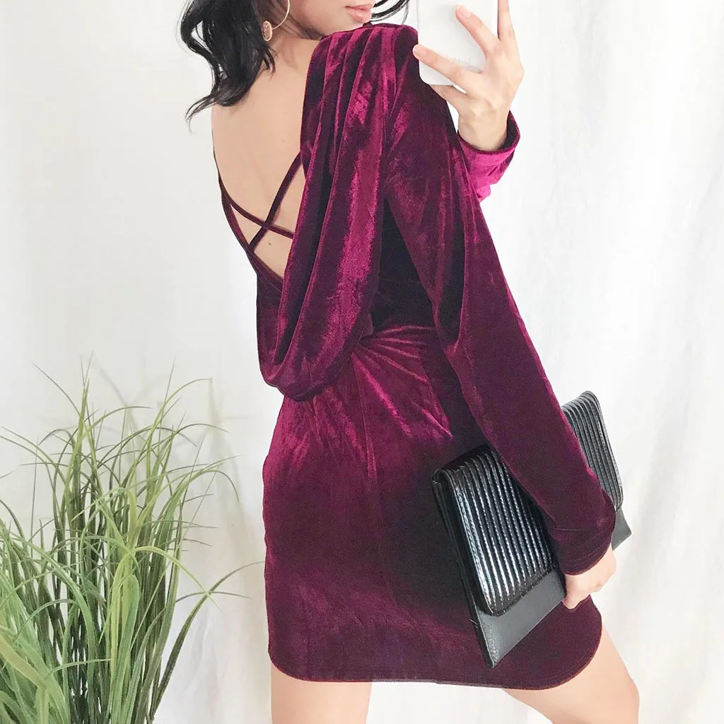

Women Dresses For Special Occasions Sexy Hollow Out Velvet Dress Sheath Long Sleeve Velvet Dress O Neck Party Mini Dresses @35
