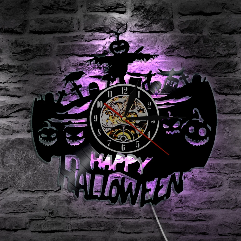 1 шт Happy Halloween Виниловая пластинка настенные часы светящиеся в темноте Хэллоуин LED Освещение настенный светильник Винтаж подарок ручной