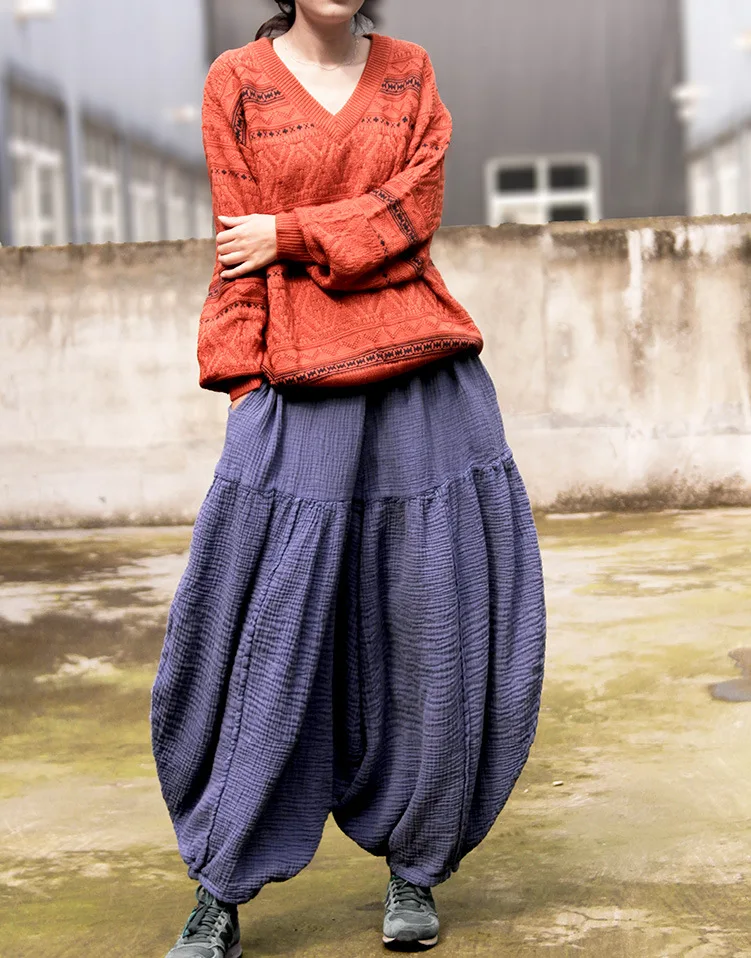 Johnature женские брюки из хлопка с эластичным поясом зима новые винтажные брюки в стиле пэчворк свободные короткие темно-синие женские повседневные брюки