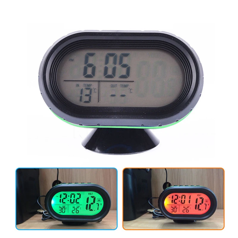  Car Thermometer Digital Clock DC12/24V Automobile Clock LED Lighted Auto Dual Temperature Gauge Vol