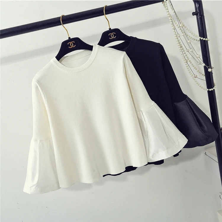 

[ALPHALMODA] Babydoll All-match Knitted Sweater Flare Sleeve Solid Color Women Autumn Cute Jumper Primery Bottom Sweater