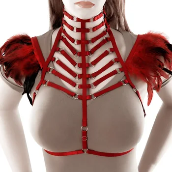 

Feather Epaulette Harness Caged Bra Adjust Straps Bondage Hollow Out Tops Shoulder Wings Bralette BurningMan Punk Goth Harness