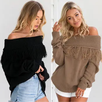 

Winter Warm Womens Sexy Long Sleeve Off Shoulder Tassels Knitted Sweater Stylish Womens Slash Neck Pullover Loose Sweaters Tops