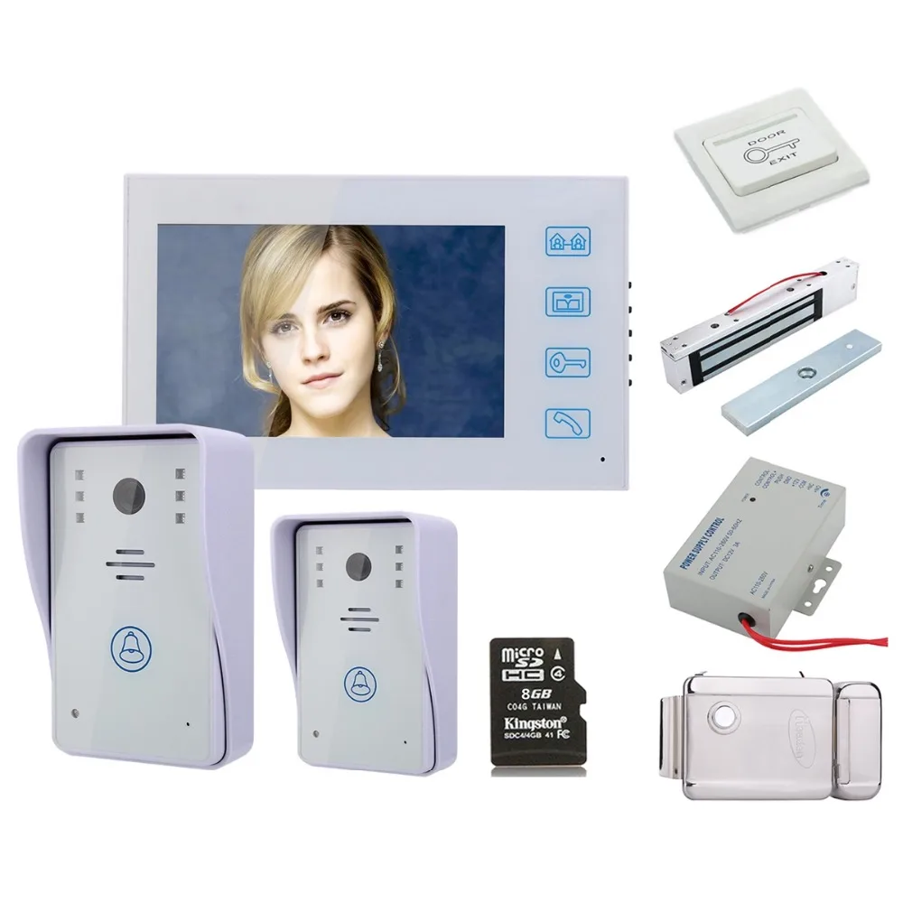 

Home Security 7" HD Two Camera Recording Video Door Phone Intercom Doorbell With 8G TF Card Night Vision +Electronic locks Set